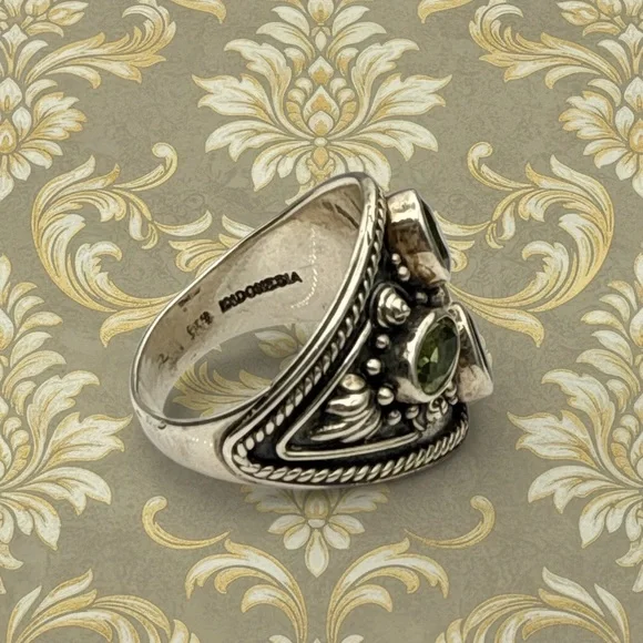 Sterling Silver wide 4 Peridot Gem Ring stamped 925 weight 18.35​ - Picture 3 of 6